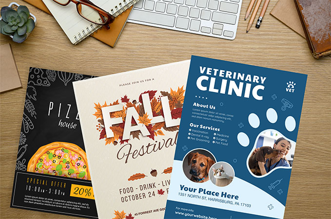 Marketing flyers sitting on a table.