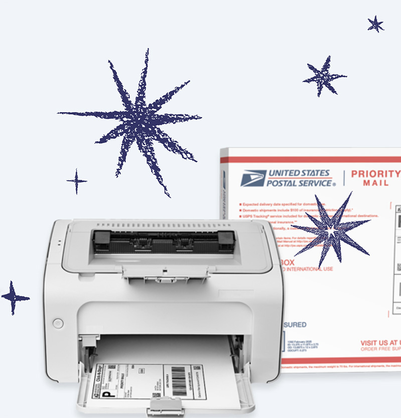 A printer with a Click-N-Ship label in its drawer beside a Priority Mail box with blue snow around it.
