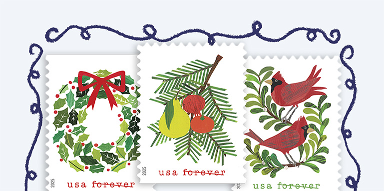 Three holiday themed stamps with festive lines around them.