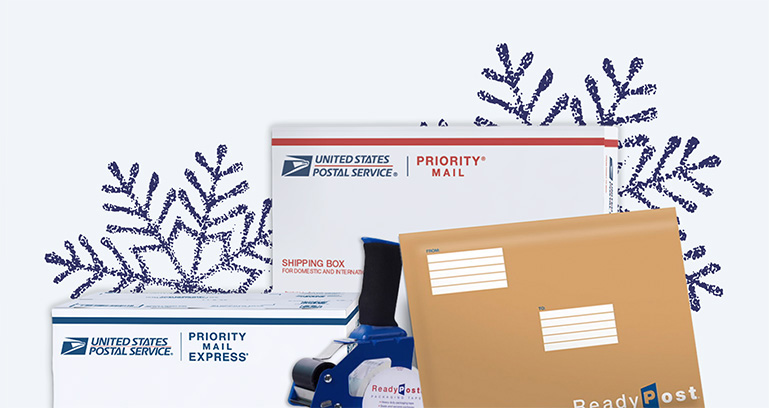 Shipping supplies with festive snowflakes in the background.