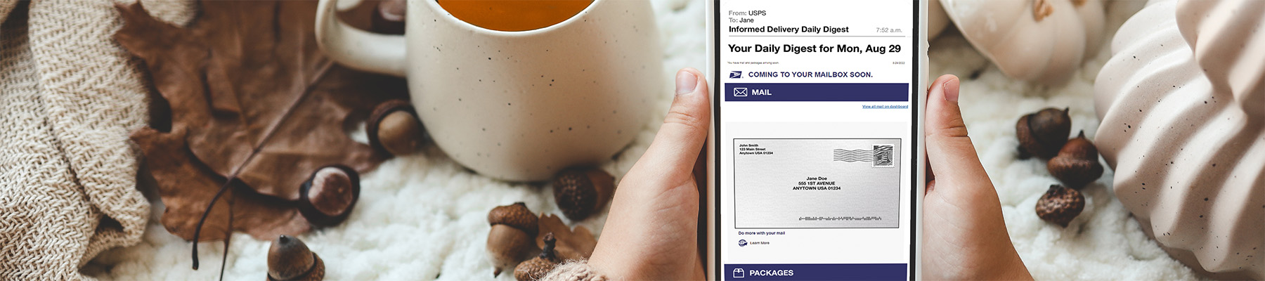 A smartphone showing an Informed Delivery Daily Digest email with an incoming letter and package tracking information.