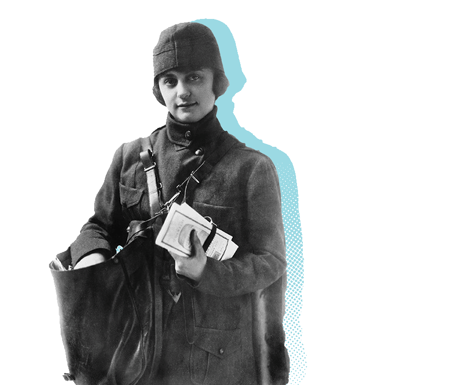 A mail carrier stands with their mail bag and holds a stack of letters.