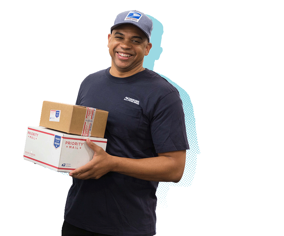 A plant employee holds a stack of two Priority Mail&reg boxes.