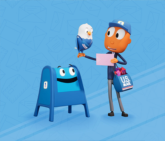 A colorful illustration of Mr. ZIP, B. Franklin the eagle, and Farley the mail collection box.
