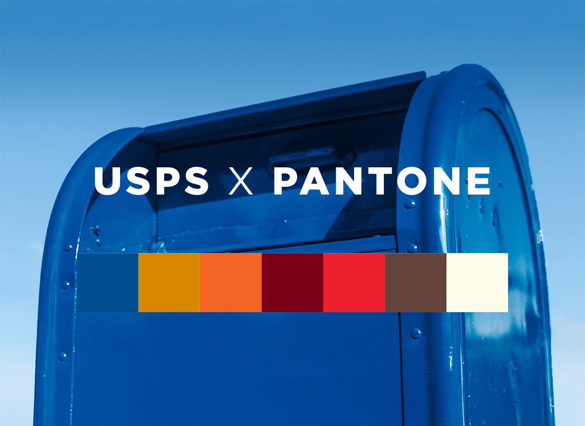 USPS x Pantone copy and a row of color blocks in blue, gold, orange, dark red, red, brown, and white placed over a blue collection box.