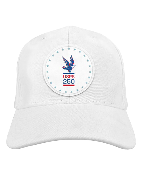 A white cap with a print of an eagle in flight and the words "USPS 250" in a circle of stars.