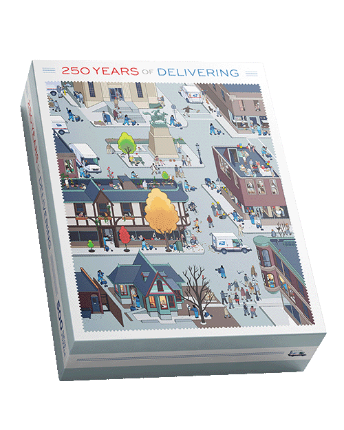 A colorful photograph of a puzzle featuring the image of the 250 Years of Delivering stamp pane.