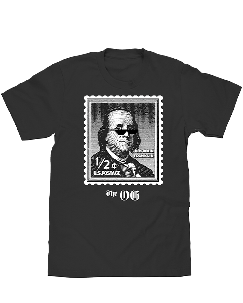 A black T-shirt with a print of a Benjamin Franklin stamp.