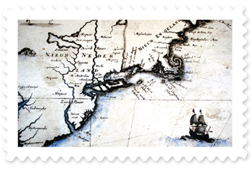 A stamp-shaped 17th century map depicting a ship sailing toward New England.