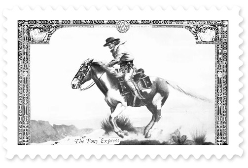 A black-and-white antique illustration depicting a rider on a horse, with the words "The Pony Express" at the bottom.