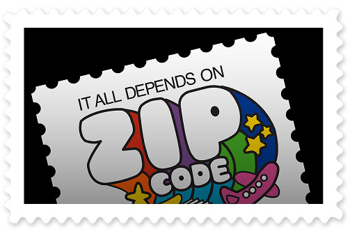 An upper half of a 1974 postage stamp featuring a colorful illustration and the words "It All Depends on ZIP Code".