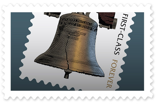 A white-background stamp featuring the bronze Liberty Bell and the words First-Class Forever on the side.