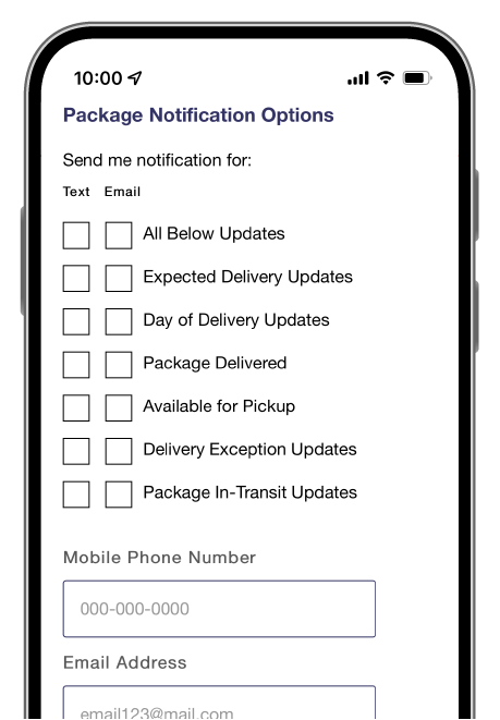 List of the text and email notification options for package tracking updates.