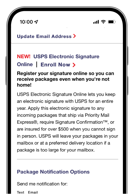 Screen showing the opt-in screen for the Electronic Signature Online feature.