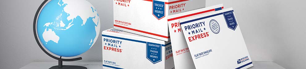 Priority Mail International and Priority Mail Express International Flat Rate boxes for fast delivery and USPS Tracking.