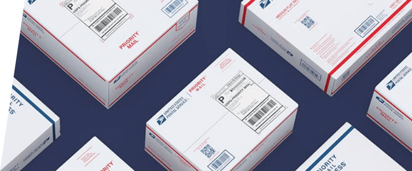USPS Priority Mail and Priority Mail Express packages with Click-N-Ship shipping labels.