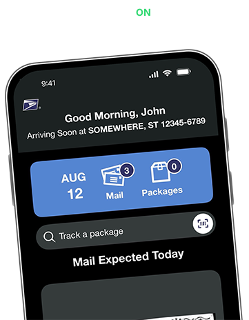 Phone displaying dark mode of Informed Delivery app.