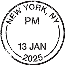 A postmark stamp that shows a cancellation date of January 13, 2025, in New York, NY.
