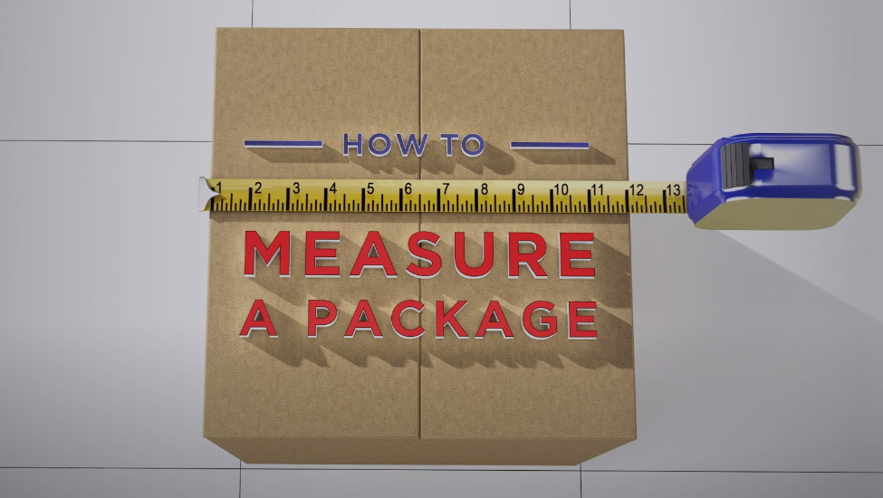 How to Measure a Package video image with measuring tape measuring brown box.
