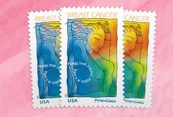 Breast Cancer Research First-Class Stamps featuring a drawing of a woman and the phrase: FUND THE FIGHT. FIND A CURE.