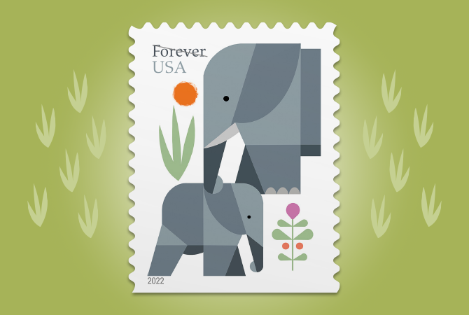 A single Elephant Forever stamp on a green background.