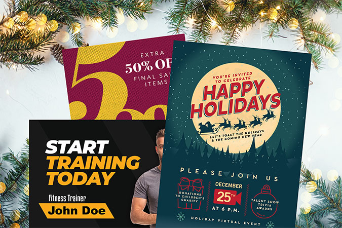 Holiday-themed marketing flyers with pine boughs around them.
