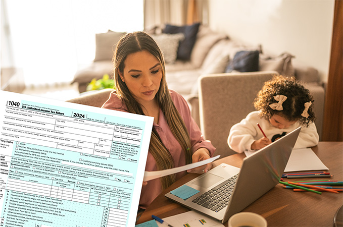 An IRS form 1040 and a person filling out tax forms on a laptop while a child colors nearby.