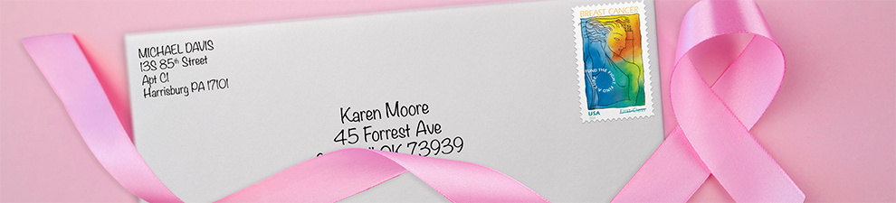 Breast Cancer Research semipostal stamp on a pink background.