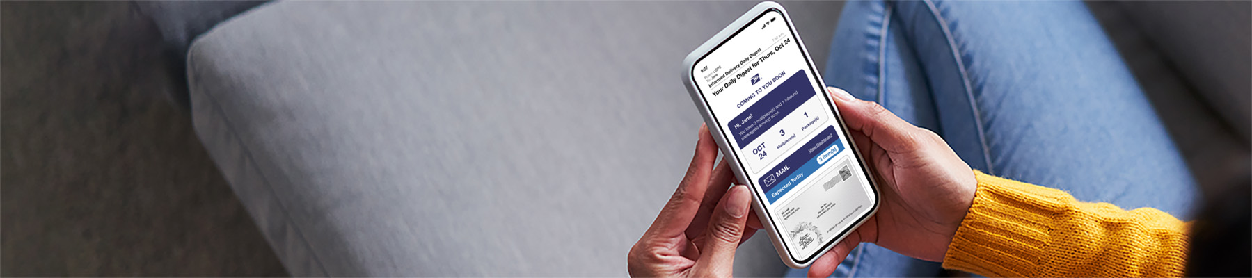 A smartphone showing an Informed Delivery Daily Digest email with an incoming letter and package tracking information.
