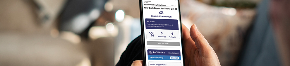 A smartphone showing an Informed Delivery Daily Digest email with an incoming letter and package tracking information.